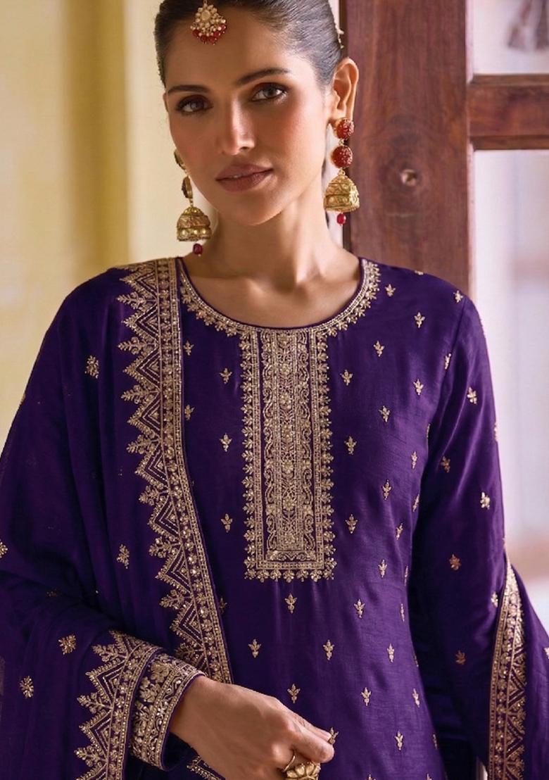 Purple Embroidery Georgette Salwar Kameez - Indya