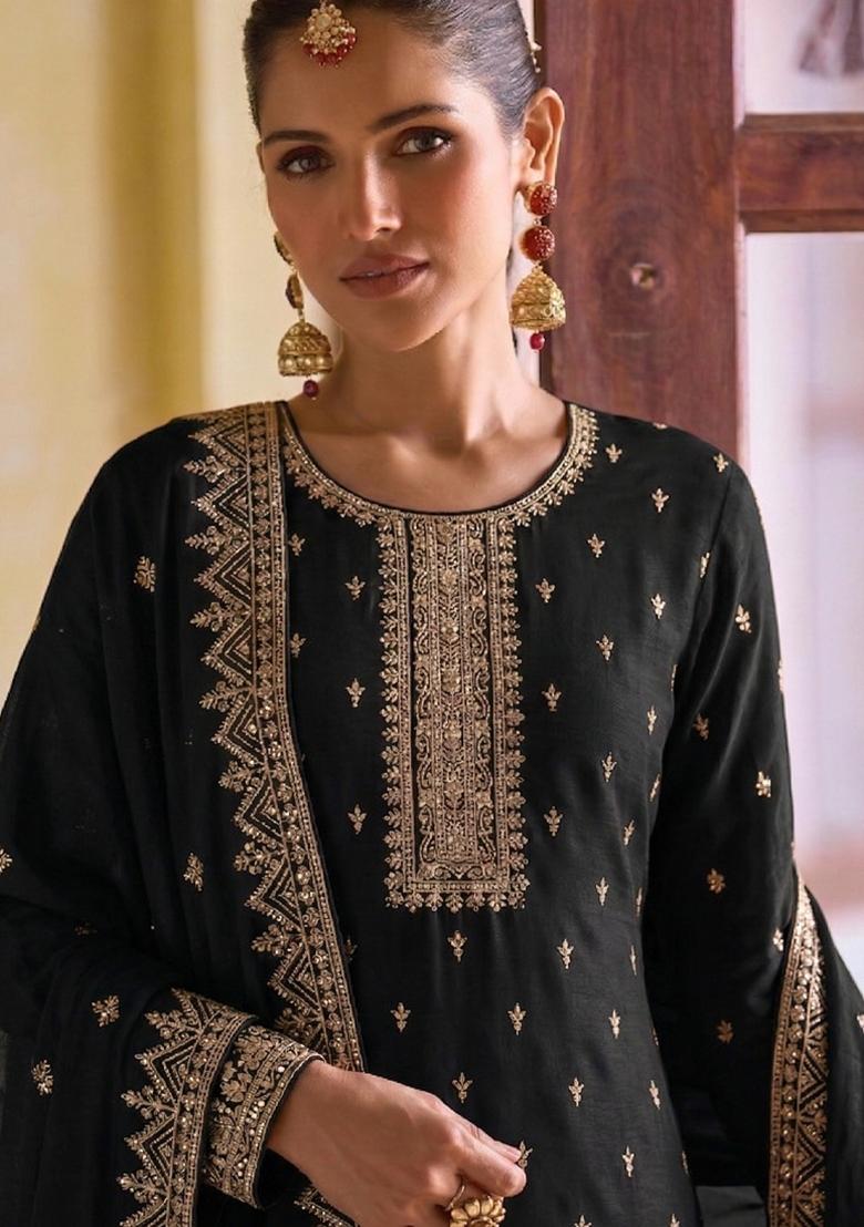 Black Embroidery Georgette Salwar Kameez - Indya