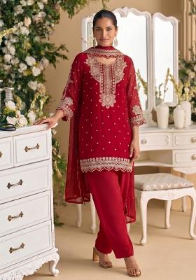 Red Embroidery Georgette Salwar Kameez