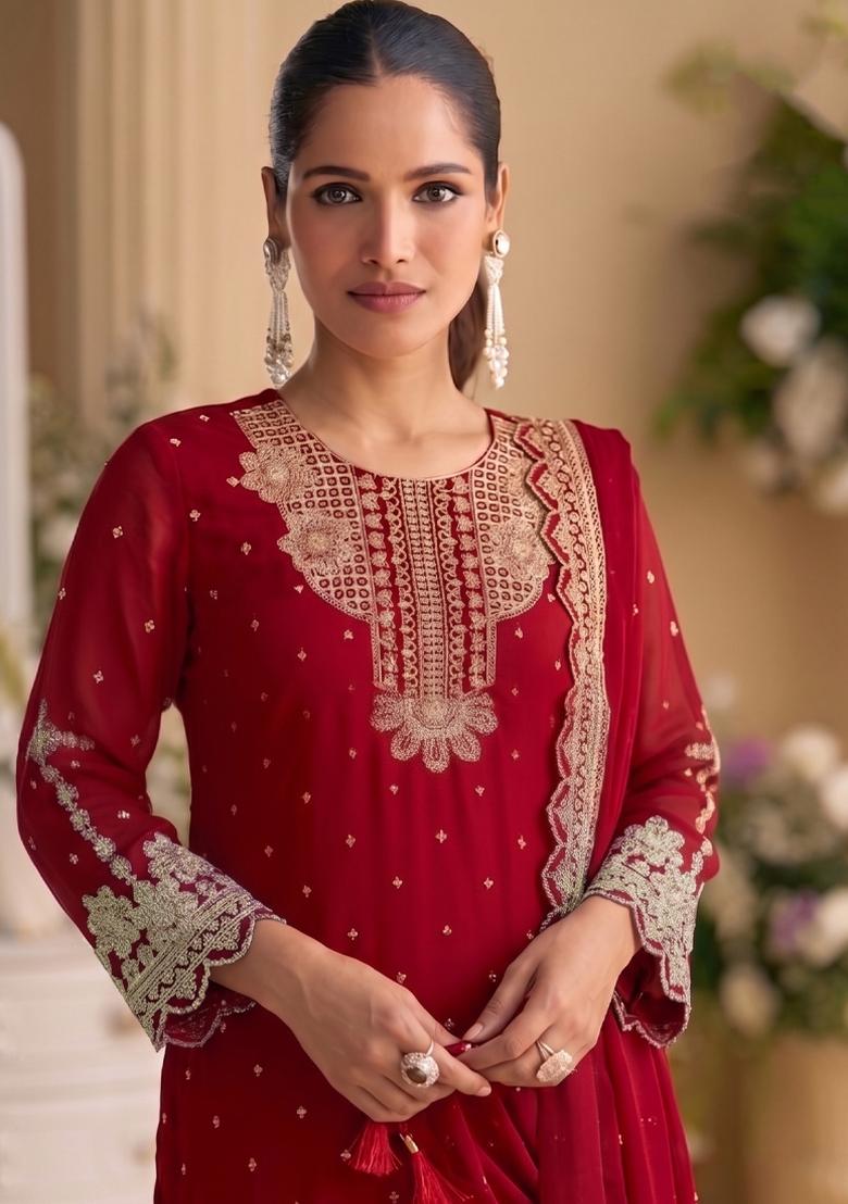 Red Embroidery Georgette Salwar Kameez - Indya