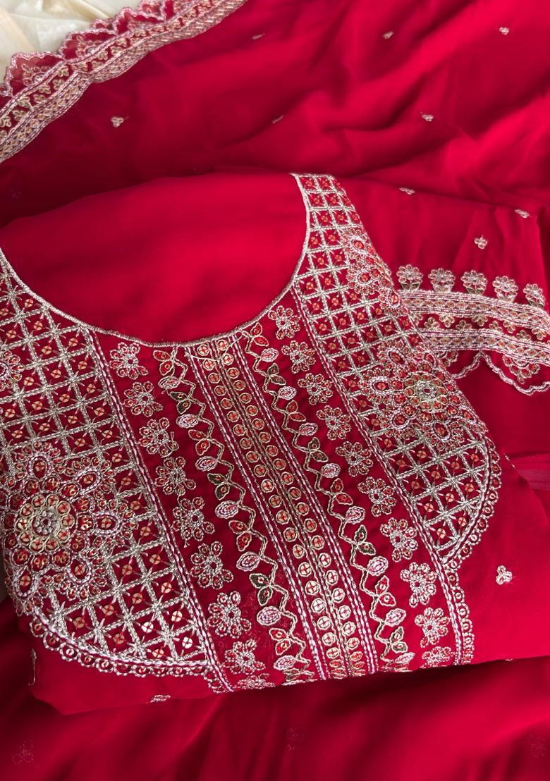 Red Embroidery Georgette Salwar Kameez - Indya