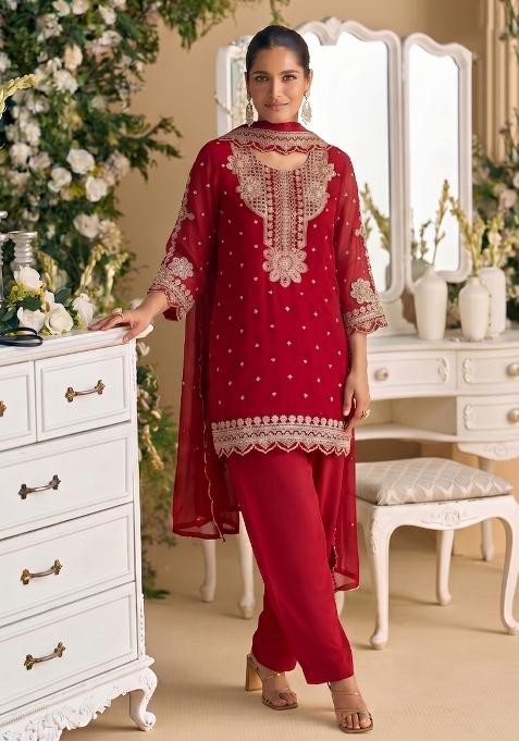 Red Embroidery Georgette Salwar Kameez