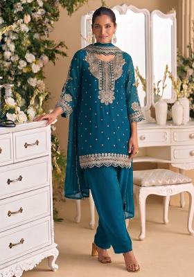 Aqua Blue Embroidery Georgette Salwar Kameez