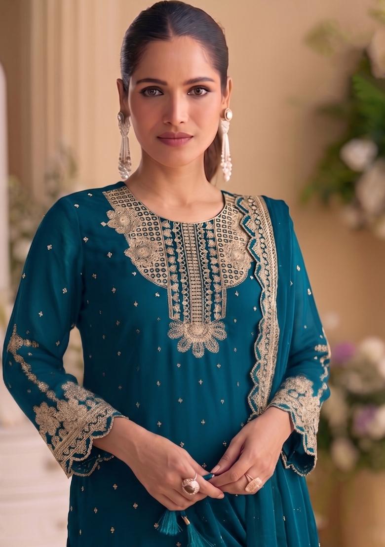 Aqua Blue Embroidery Georgette Salwar Kameez - Indya