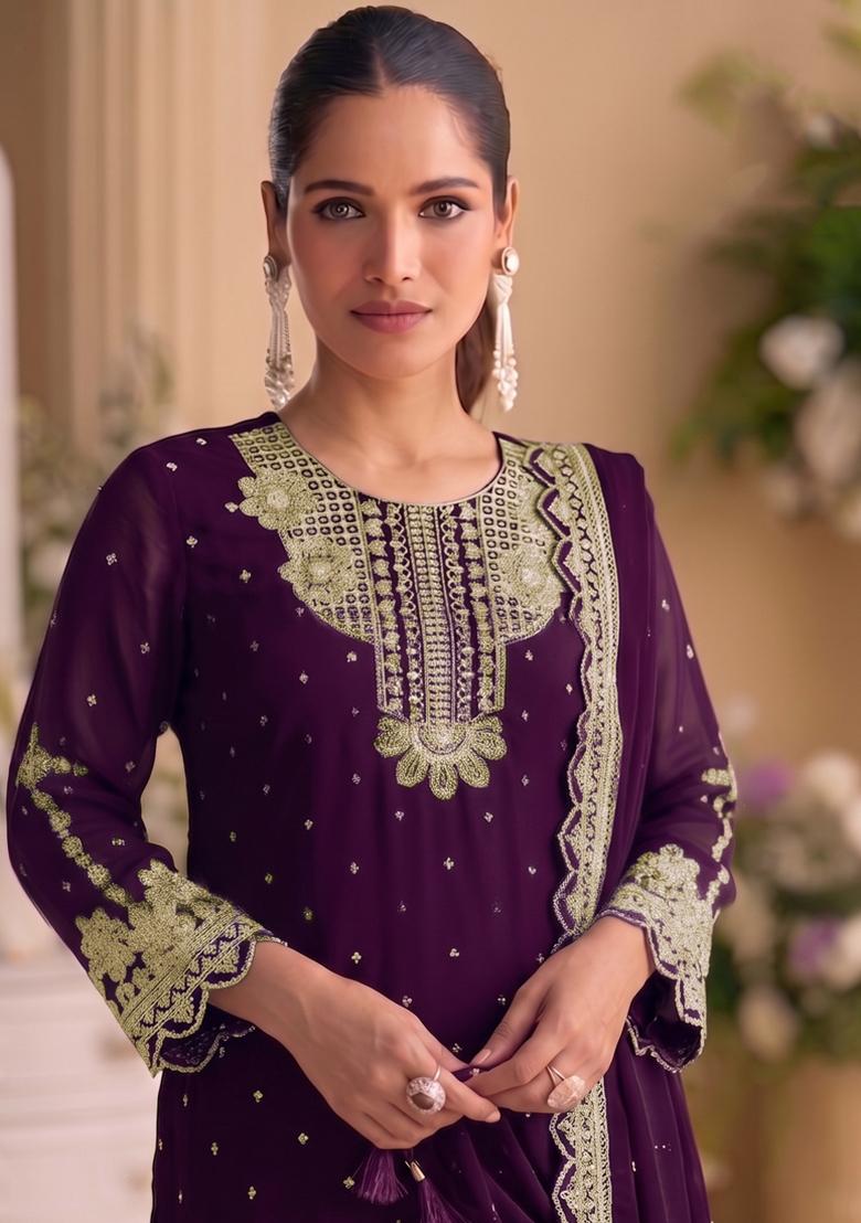 Purple Embroidery Georgette Salwar Kameez - Indya