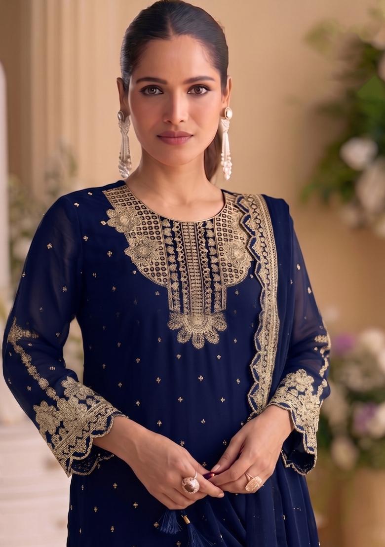 Navy Blue Embroidery Georgette Salwar Kameez - Indya