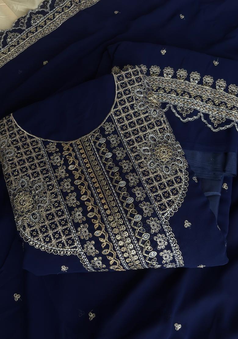 Navy Blue Embroidery Georgette Salwar Kameez - Indya