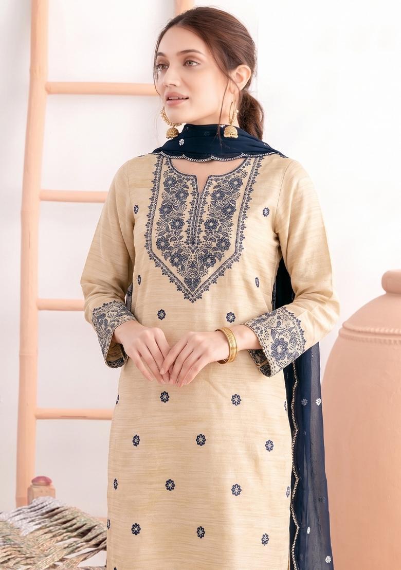 Blue Embroidery Cotton Salwar Kameez - Indya