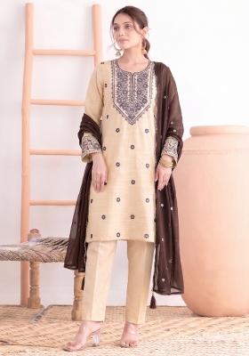 Brown Embroidery Cotton Salwar Kameez