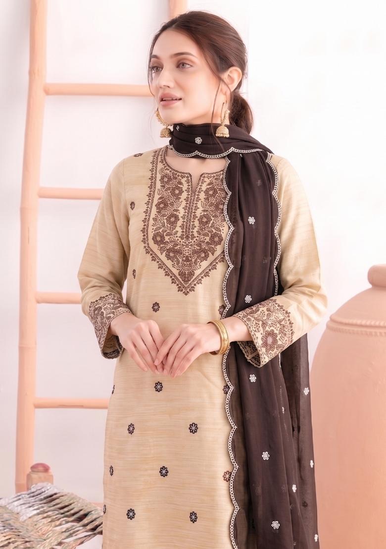 Brown Embroidery Cotton Salwar Kameez - Indya