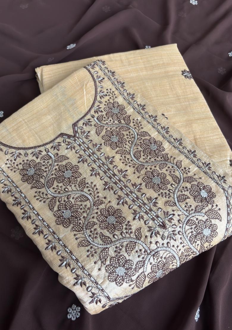 Brown Embroidery Cotton Salwar Kameez - Indya