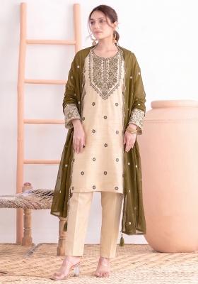 Mehendi Green Embroidery Cotton Salwar Kameez