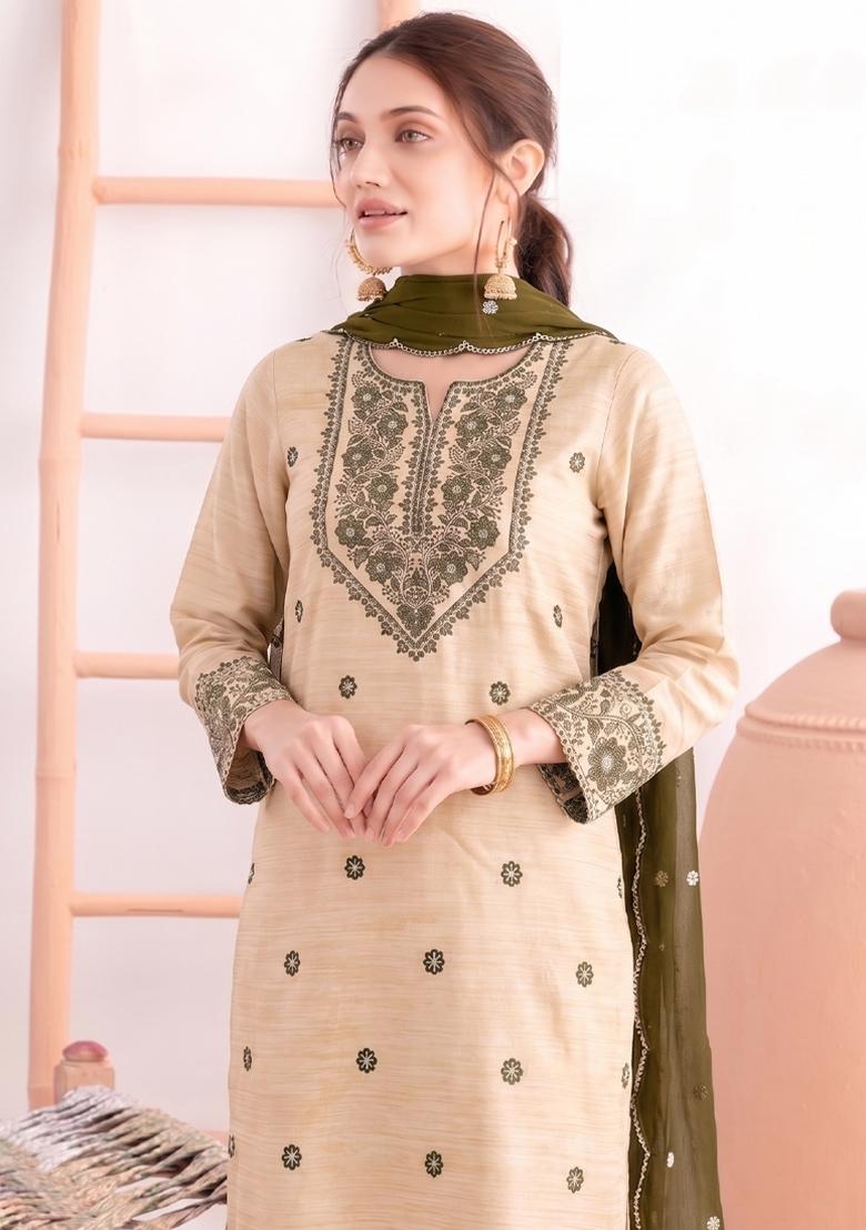 Mehendi Green Embroidery Cotton Salwar Kameez - Indya