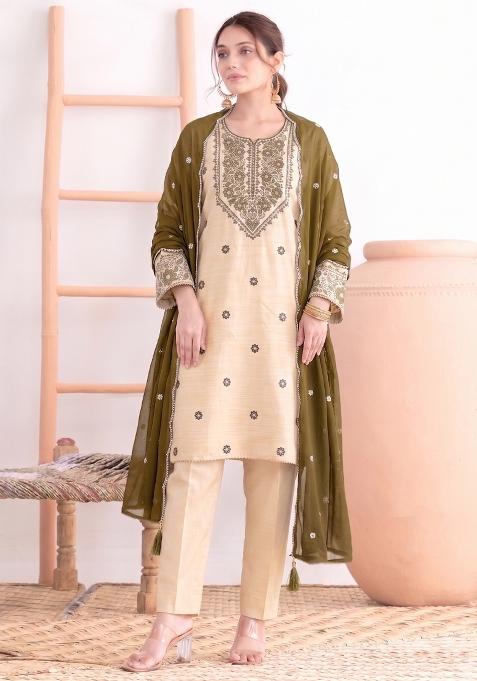 Mehendi Green Embroidery Cotton Salwar Kameez
