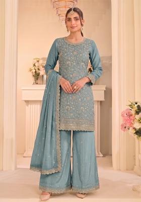 Sky Blue Embroidery Vichitra Salwar Kameez