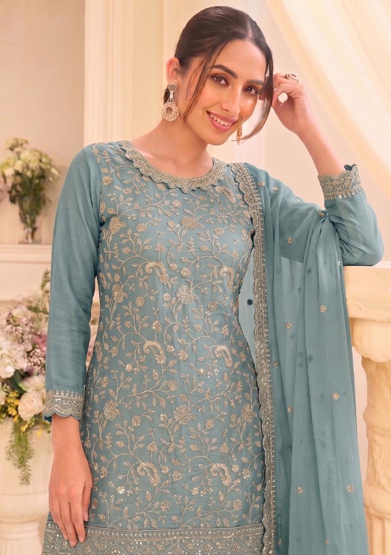 Sky Blue Embroidery Vichitra Salwar Kameez - Indya
