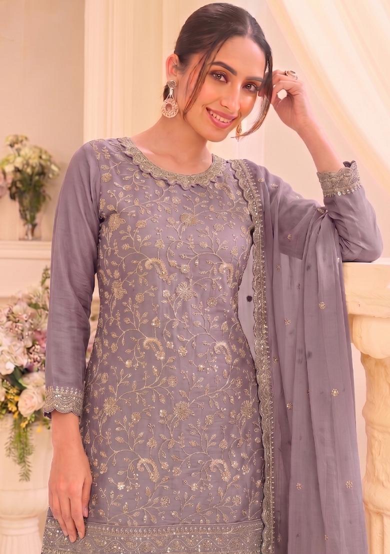 Lilac Embroidery Vichitra Salwar Kameez - Indya