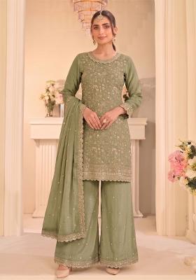 Pista Green Embroidery Vichitra Salwar Kameez