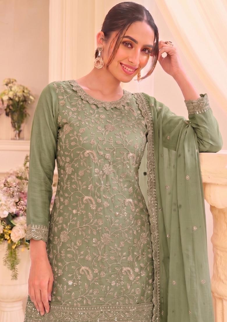 Pista Green Embroidery Vichitra Salwar Kameez - Indya