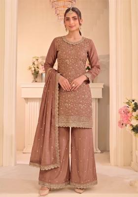 Peach Embroidery Vichitra Salwar Kameez