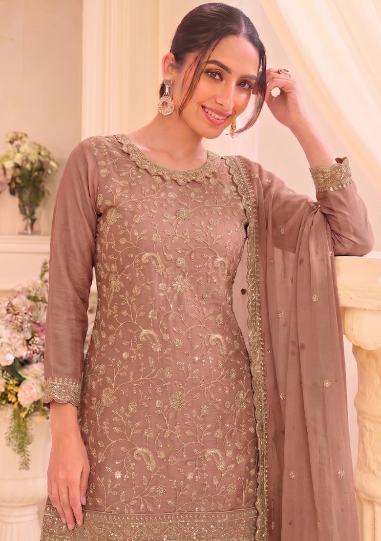 Peach Embroidery Vichitra Salwar Kameez - Indya