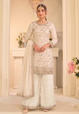 White Embroidery Vichitra Salwar Kameez