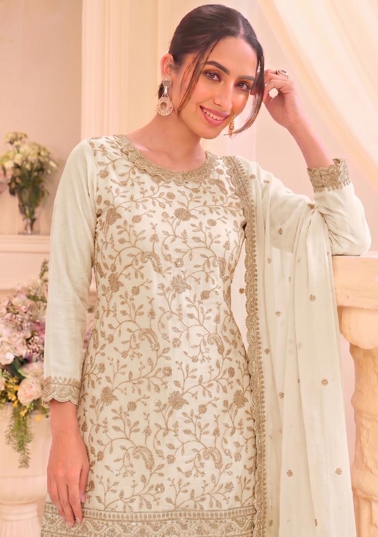 White Embroidery Vichitra Salwar Kameez - Indya