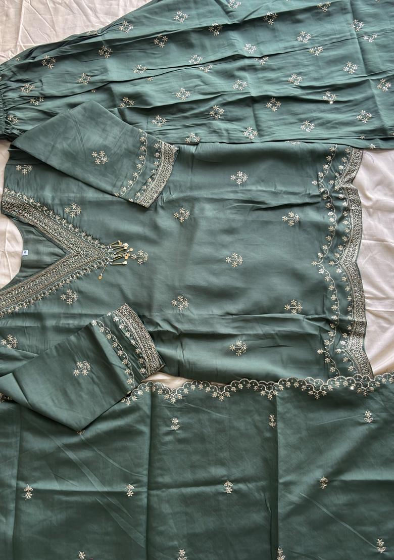 Green Embroidery Silk Salwar Kameez - Indya