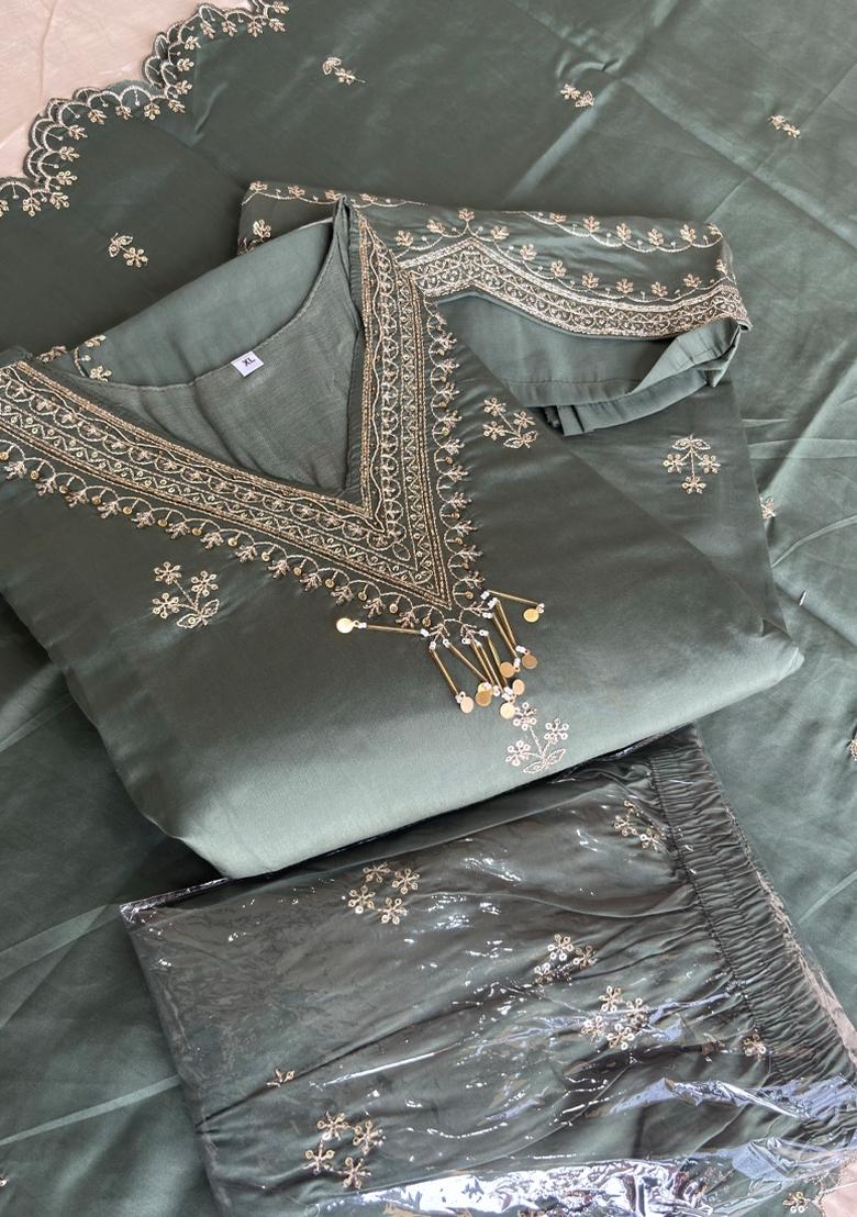 Green Embroidery Silk Salwar Kameez - Indya
