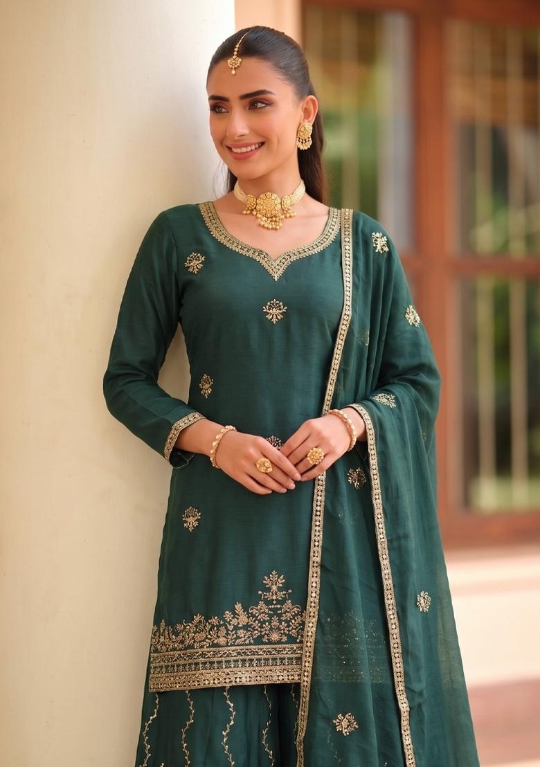 Green Embroidery Chinon Salwar Kameez - Indya
