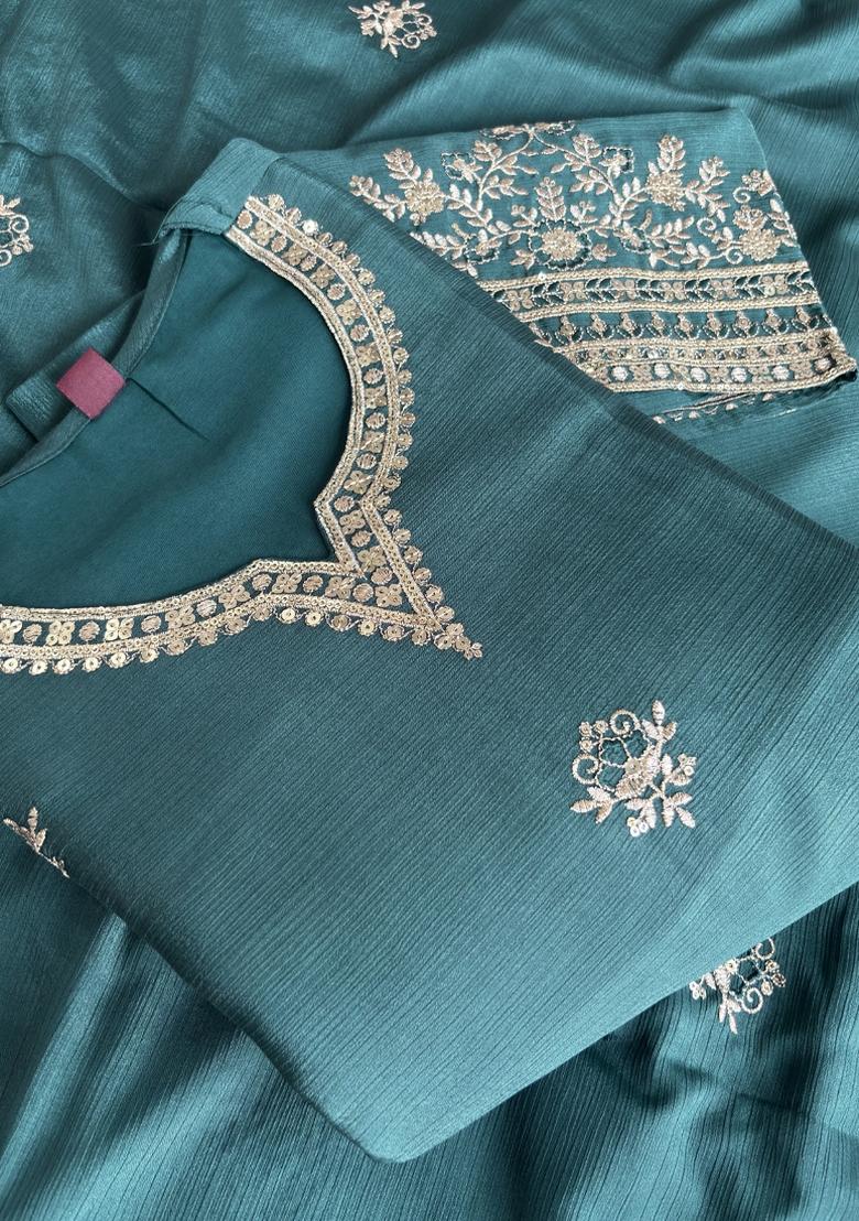 Green Embroidery Chinon Salwar Kameez - Indya