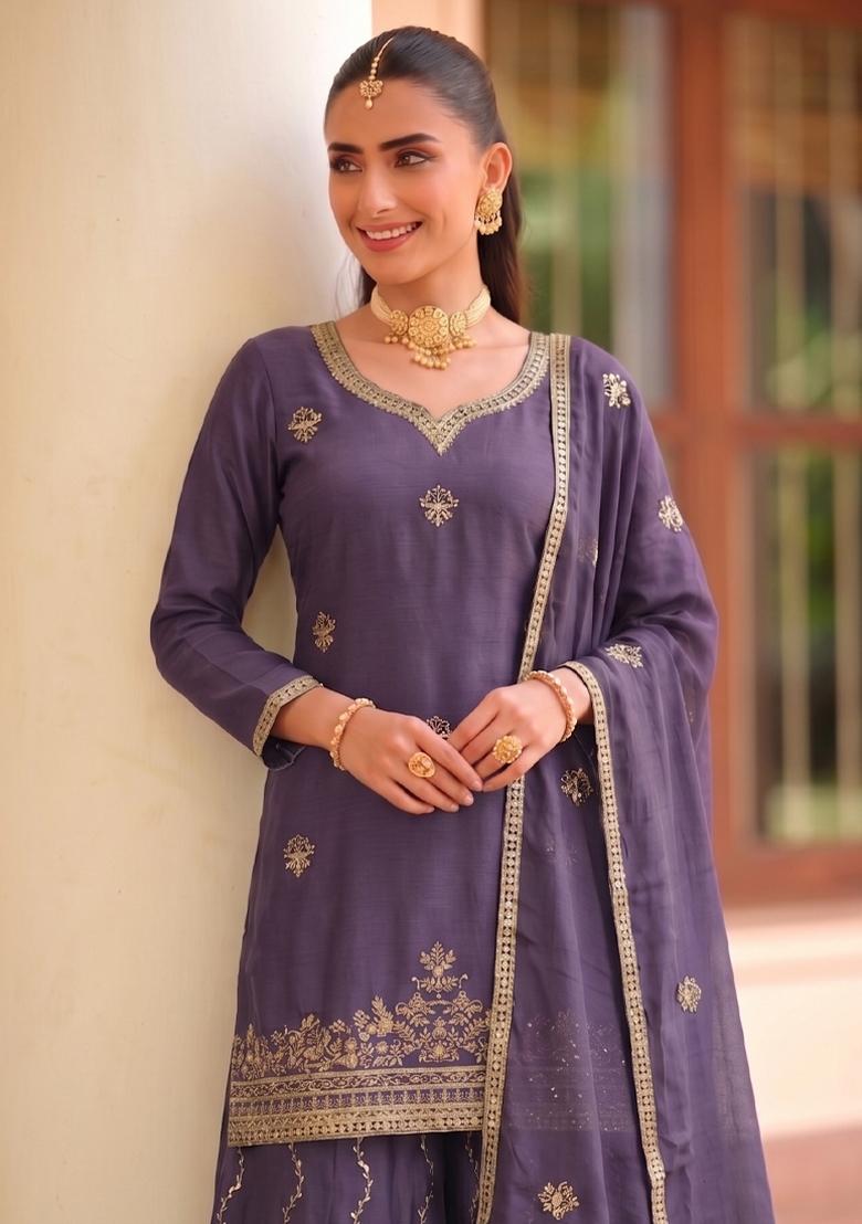 Lilac Embroidery Chinon Salwar Kameez - Indya