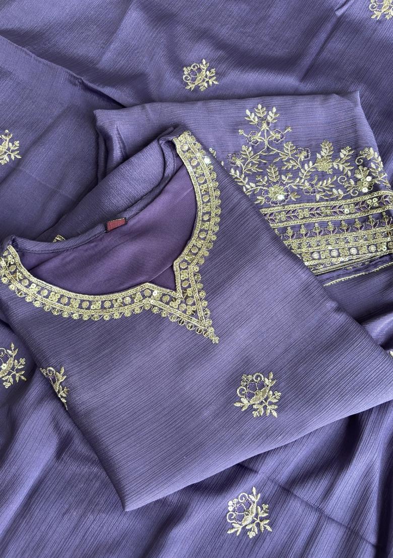 Lilac Embroidery Chinon Salwar Kameez - Indya