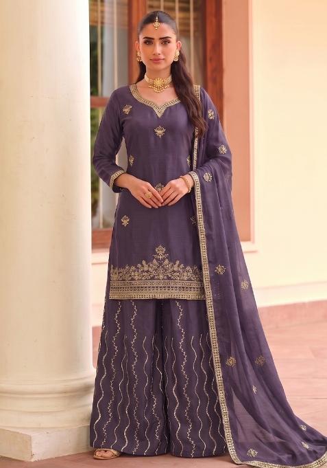 Lilac Embroidery Chinon Salwar Kameez