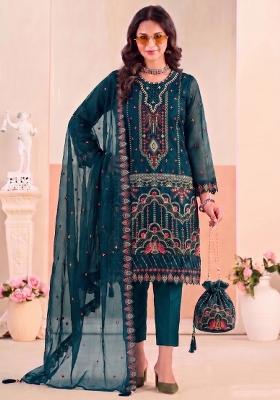 Teal Blue Embroidery Silk Salwar Kameez