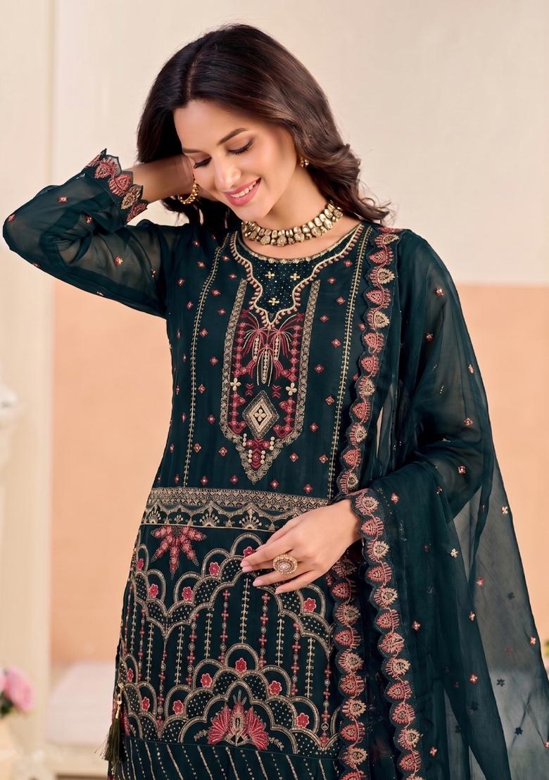 Teal Blue Embroidery Silk Salwar Kameez - Indya
