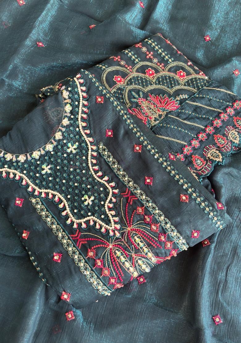 Teal Blue Embroidery Silk Salwar Kameez - Indya