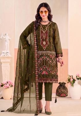 Mehendi Green Embroidery Silk Salwar Kameez