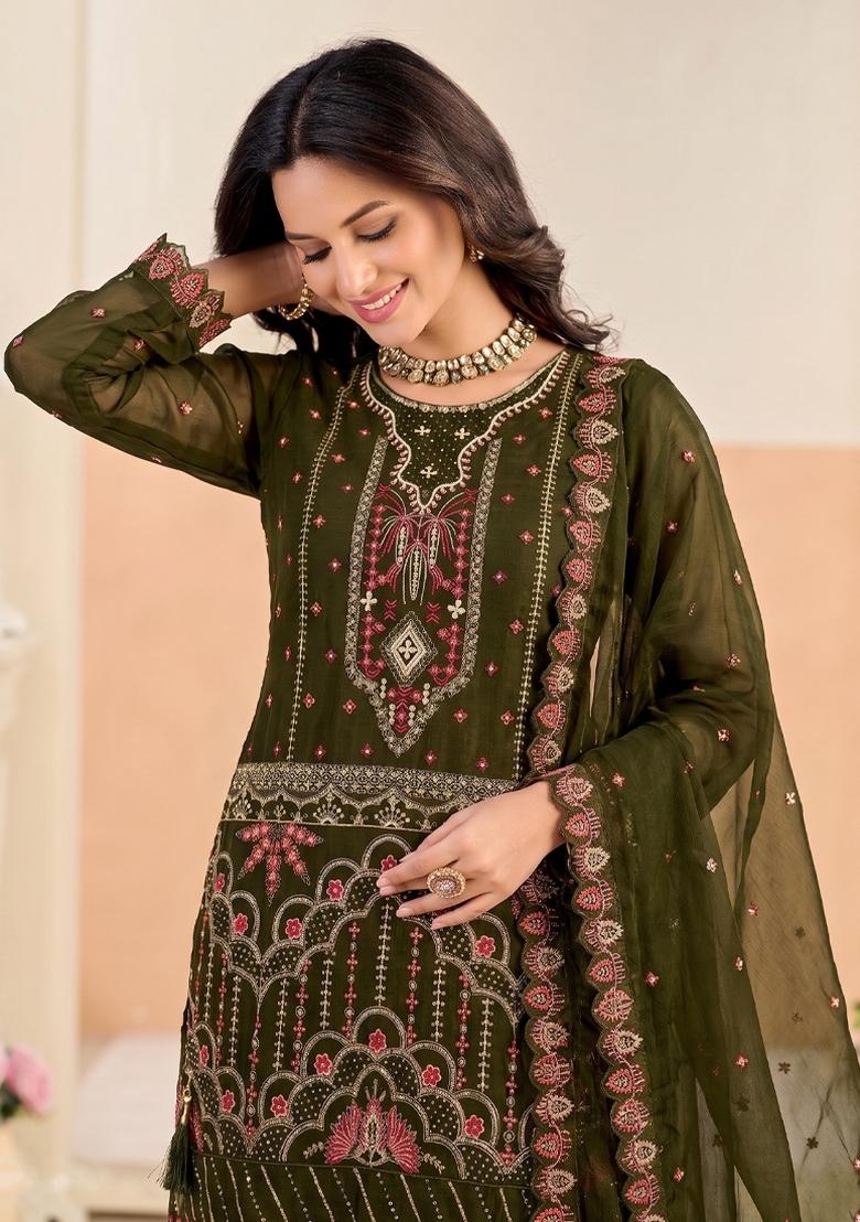 Mehendi Green Embroidery Silk Salwar Kameez - Indya