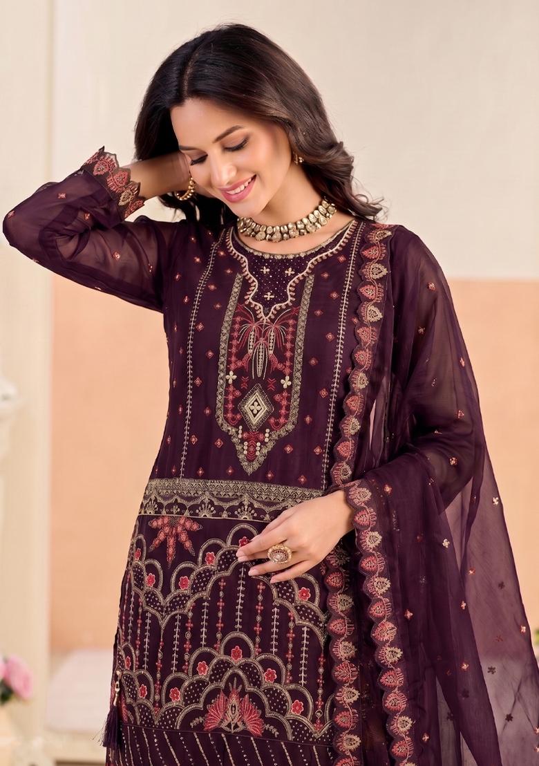 Purple Embroidery Silk Salwar Kameez - Indya
