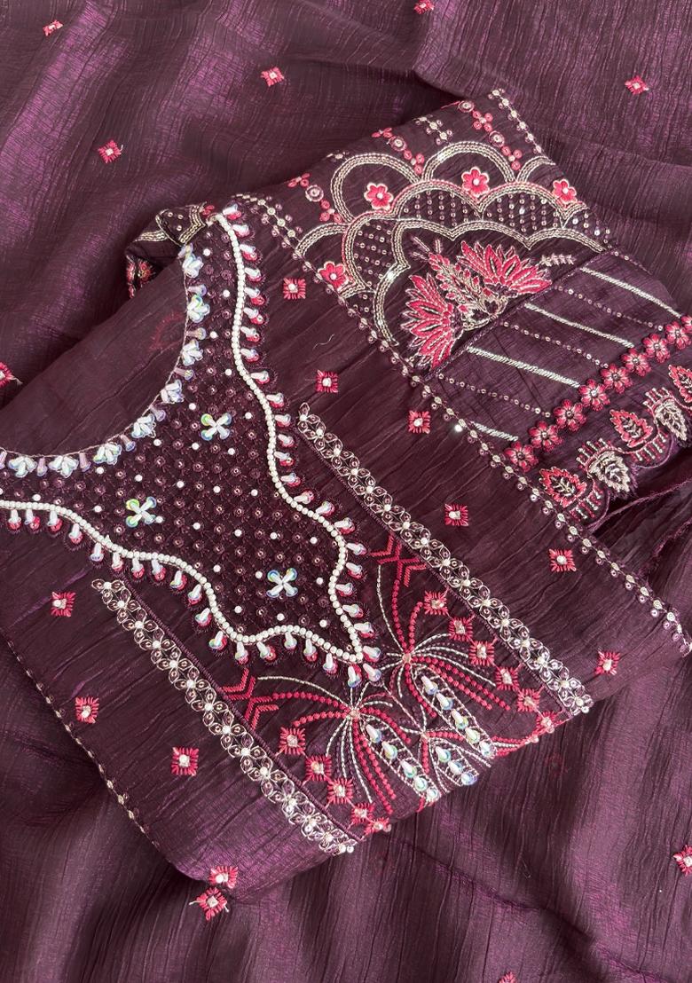 Purple Embroidery Silk Salwar Kameez - Indya