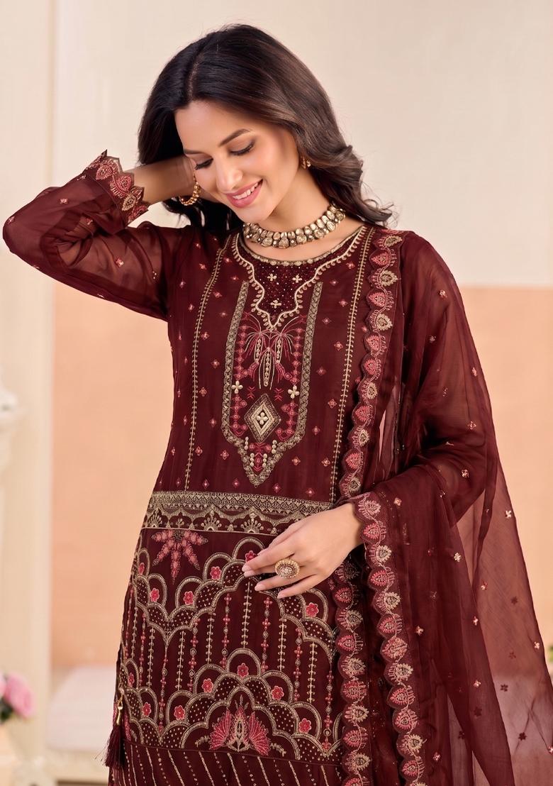 Red Embroidery Silk Salwar Kameez - Indya
