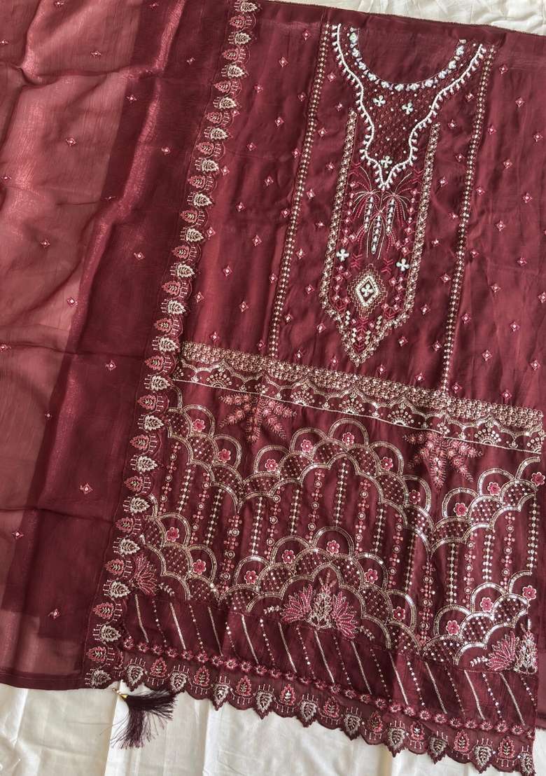 Red Embroidery Silk Salwar Kameez - Indya