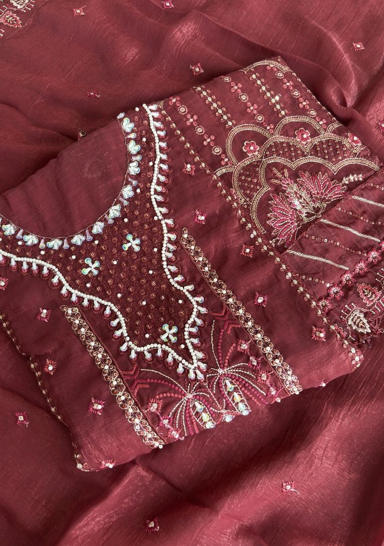 Red Embroidery Silk Salwar Kameez - Indya