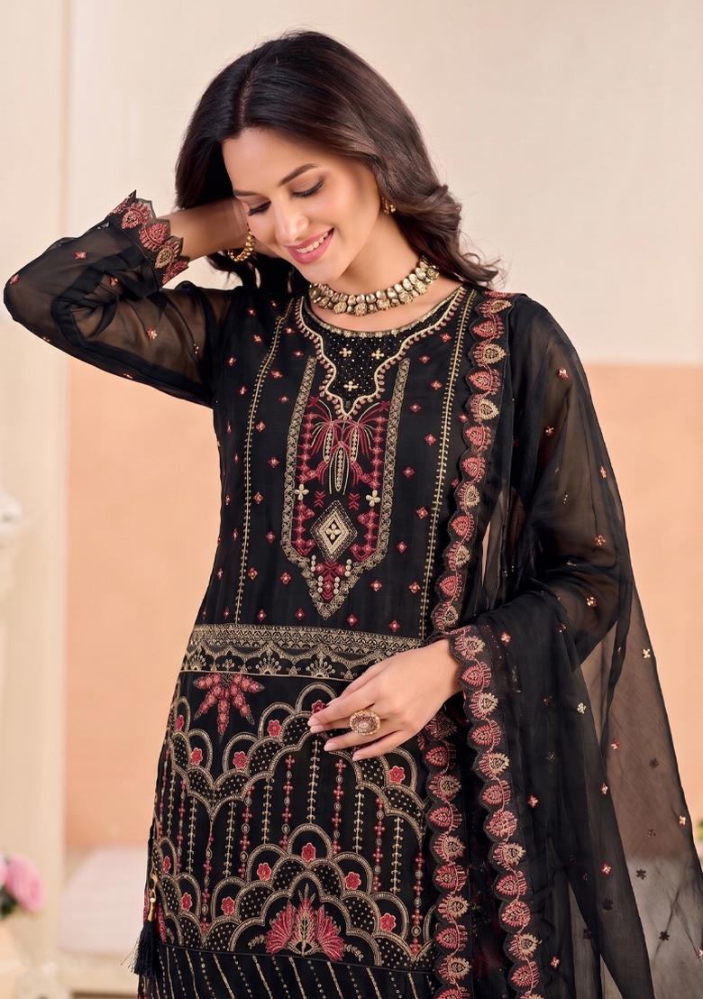 Black Embroidery Silk Salwar Kameez - Indya