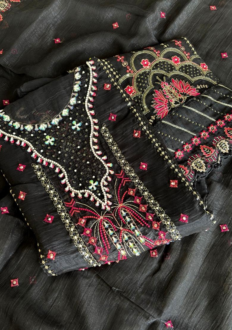 Black Embroidery Silk Salwar Kameez - Indya