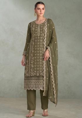Mehendi Green Embroidery Chiffon Salwar Kameez