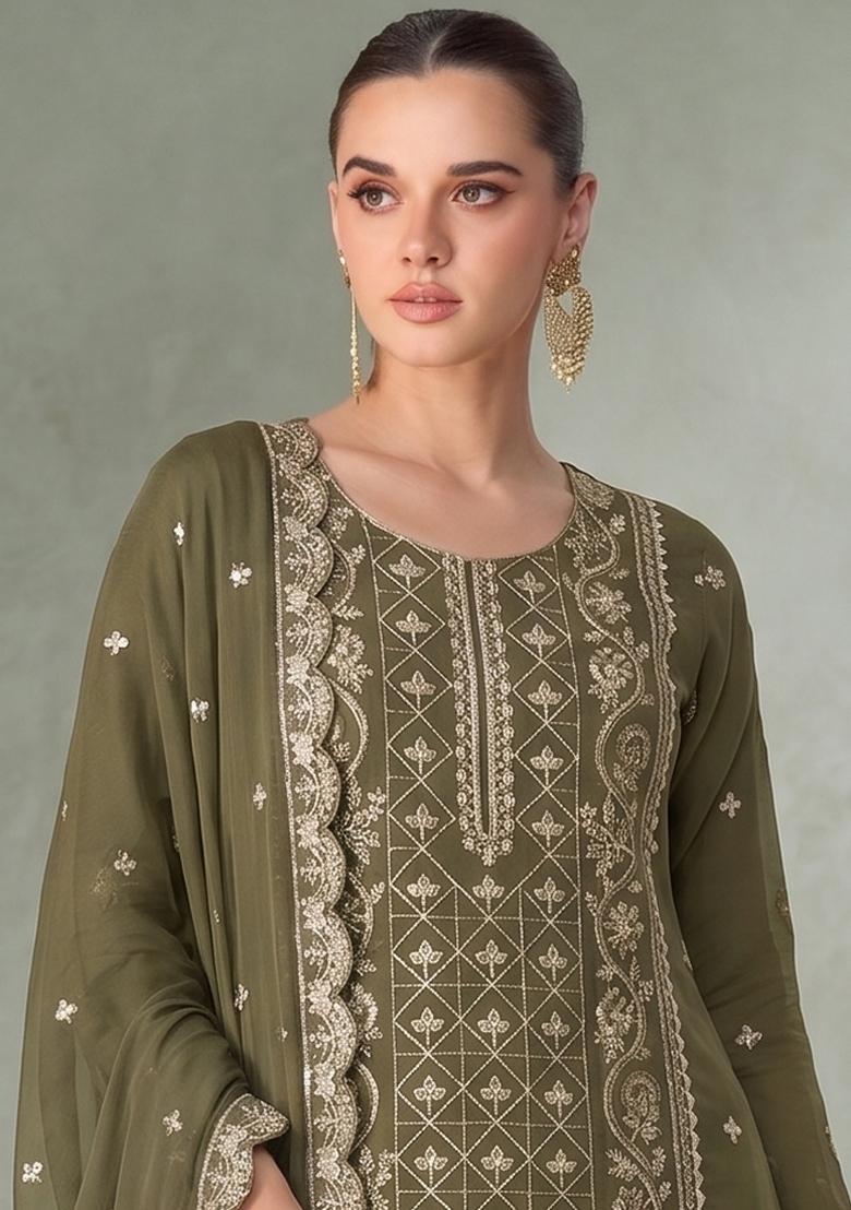 Mehendi Green Embroidery Chiffon Salwar Kameez - Indya