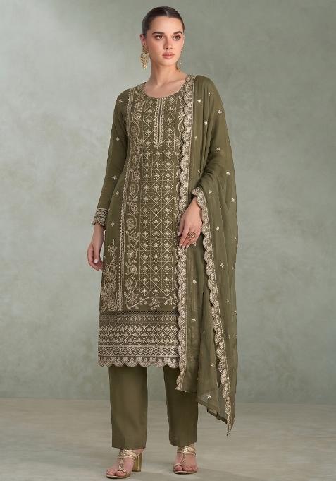 Mehendi Green Embroidery Chiffon Salwar Kameez