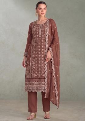 Peach Embroidery Chiffon Salwar Kameez